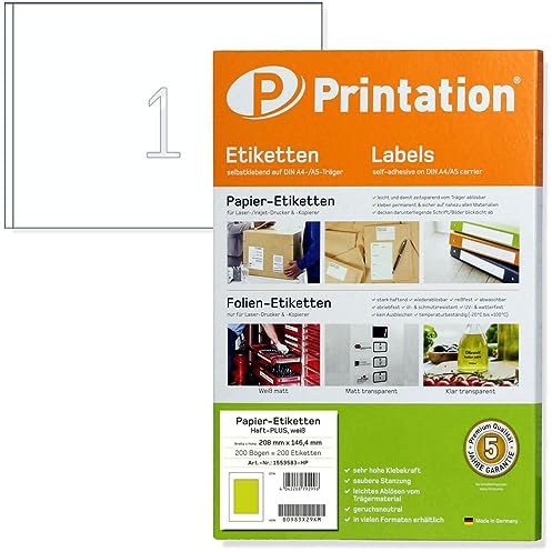 Printation 210x148 mm A5 Power Labels Haft-PLUS adhesivo fuerte, autoadhesivo imprimible, 200x DIN A5 1x1, 200 210 x 148 etiquetas adhesivas blancas - DHL Etiqueta de envío Sticker de la dirección
