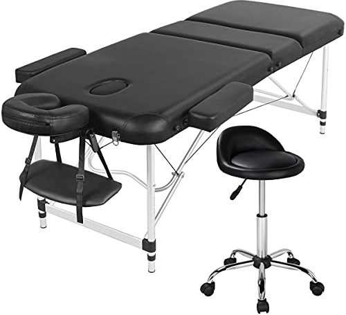 Yaheetech Ensemble de Table de Massage avec Tabouret de Massage à roulettes Réglable 46,5-61 cm Pivotant Lit de Massage Pliable réglable en Hauteur avec appuie-tête Noir