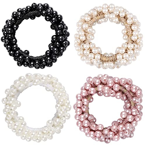 4 Pcs Pearl Hair Scrunchies, Elastic Hair Ropes Ponytail Holder Scrunchies Tightening Hairring for Women