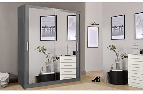 IE INTERIOR EMPORIUM Modern Milan Double Mirror Sliding Door Wardrobe in 6 Sizes& 4 colors (100cm, Grey)