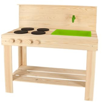Esschert Design Outdoor Spielküche Größe M aus Holz – stabile Matschküche aus massivem Kiefernholz mit Gartenschlauch‑Anschluss – robuste Kinderküche für Garten & Terrasse - 41 x 78 x 89 cm