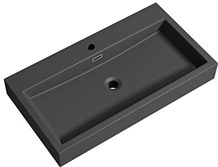 Mai & Mai Lavabo de Pared Antracita Mate con Rebosadero col06 Lavabo sobre Encimera Rectangular de Fundición Mineral con 1 Orificio para Grifo 76.5x42x10cm
