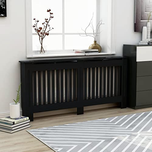 FIRBNUS 172x19x81.5 cm HeizköRperverkleidung HeizköRper Heizungsverkleidung HeizköRperabdeckung LamellentüR Holzgitter Heizungsregal Schwarz