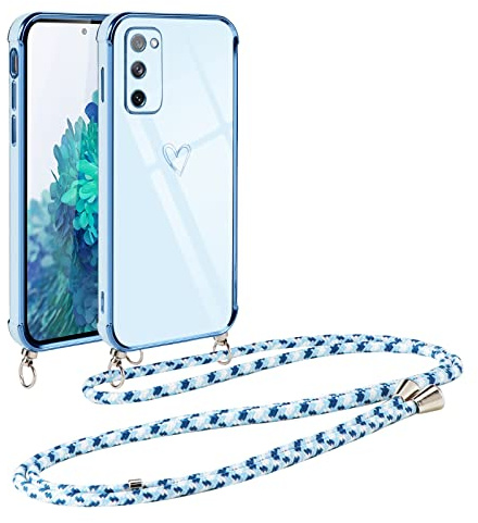 Vauki handyband für Samsung Galaxy S20 FE 5G Hülle mit Band, Handyhülle mit Kette, Herz Motiv, Ultra Dünn Stoßfeste Aesthetic Case mit Kordel zum Umhängen für Samsung S20 FE 5G 6.5 Zoll, Blau