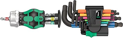 Wera 05008884001 Kraftform Kompakt Stubby Magazine RA 2, Stubby Ratchet Screwdriver with Bit Magazine, 6 Pieces & 05133164001 950/9 Hex-Plus Multicolour 2 L-Key Set