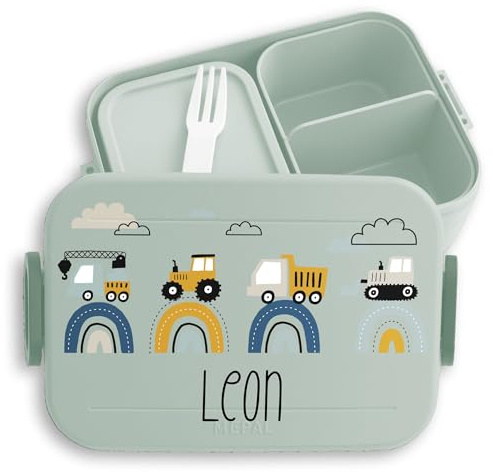 Kinder Bento Box Midi Lunchbox für Mepal Bentobox - Baustelle mit Name personalisiert Brotdose Bagger I Traktor I LKW I Kipper I Planierraupe I Kran - 900 ml - Sage Grün