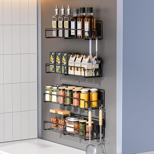 Carastek 4 Stück Kühlschrank Regal Hängeregal für Kühlschrank Magnet Magnet Gewürzregal, Gewürz Organizer ohne Bohren,Magnet Regal Kühlschrank mit 10Haken Gestalt für Kühlschrank und Mikrowelle
