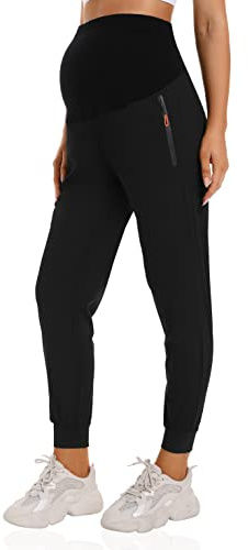 Foucome Women's Maternity Joggers Quick Dry Zipper Pockets Scrub Pants Pregnancy Sweatpants Black, S