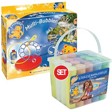 MALEFIX Straßenkreide 20er Packung + PUSTEFIX Multi-Bubbler Seifenblasen Ringe I Spielspaß für Kinder I Outdoor Spielzeug I PUSTEFIX Seifenblasen Set