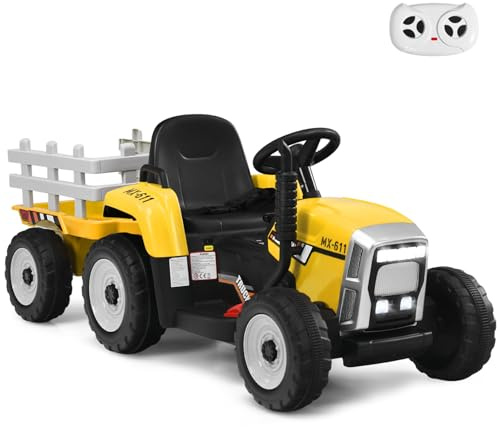 GYMAX Kids Electric Tractor with Detachable Trailer, LED Lights, Music, Horn, USB & Bluetooth, 12V Battery Powered Ride on Car for 3 Years Old + Boys Girls (Yellow)