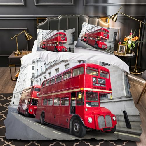 LILALI Roter Bus Bettwäsche 135x200 Bettwäsche-Sets 3D Druck London Kinder Bettbezug 135x200 mit Kissenbezüge 80 * 80