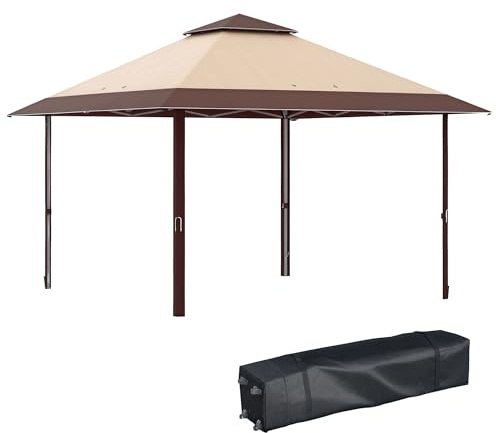 Outsunny Faltzelt 4x4m Garten-Gazebo mit doppeltem Dach höhenverstellbar auf 3 Ebenen und wasserdicht Anti-UV Tragetasche Outdoor-Gazebo für Partys Partys Hochzeiten Khaki und Braun
