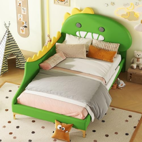 Sweiko Gepolstertes Kinderbett, 90 x 200 cm, Bettrahmen in Dinosaurier-Form, Doppelbett aus PU mit Metallbeinen, Holzbett mit Lattenrost für Jugendliche, Grün