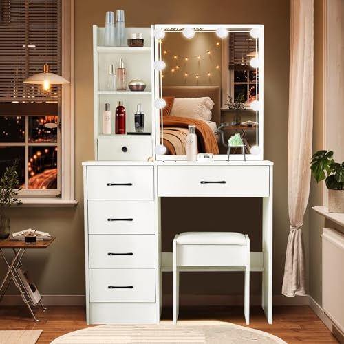Aovquof Grande tavolo da toeletta con specchio Hollywood e set di illuminazione a LED, 6 cassetti, 3 armadietti, sedia inclusa, per camera da letto e sala trucco (manico nero)