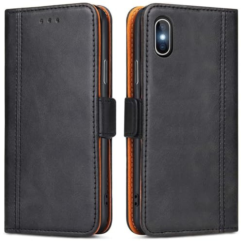 ROJIOJIO Handyhülle für iPhone X, iPhone XS Leder Handytasche Kartenfach Klappständer Magnetisch Lederhülle für iPhone X/iPhone XS Hülle, Schwarz