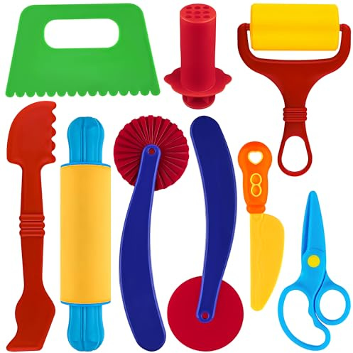 Oun Nana Dough Play Tool Kit for Kids, 9 PCS Basic Dough Starter Set with Pizza Cutter, Safety Scissors, Rolling Pin, Roller, Extruder, Plastic Scraper, Knife
