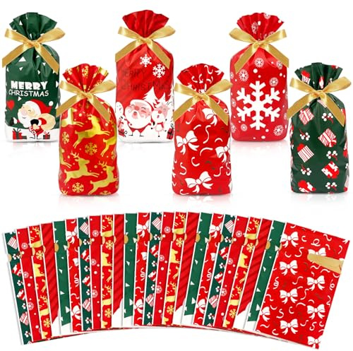Fanost 24 Stück Weihnachts-Beutel mit Kordelzug, Süßigkeitenbeutel, Weihnachts-Keks-Geschenktüten für Kinder
