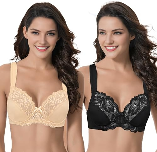 Curve Muse Women's Plus Size Unlined Underwire Lace Bra with Cushion Straps-Black,Nude-Size:34DDD (EU:75F)