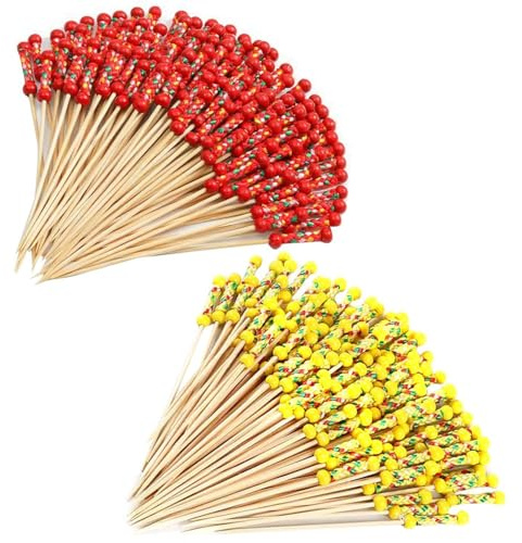 200 Stück 12 Cm Große Bambusstäbchen Mit Doppelten Perlen, Cocktailspieße, Essensstäbchen, Party-Essensauswahl, Rote Cocktailspieße, Fingerfood-Auswahl