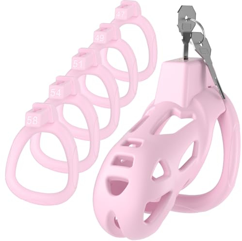 Yivans Harz Keuschheitskäfig Sex Spielzeug für die Männer Keuschheitsgürtel Cock Cage mit 5 Penisringe, SM Fetisch Extrem Penis Bondage Hohldesign Atmungsaktiv Peniskäfig(Pink - M)