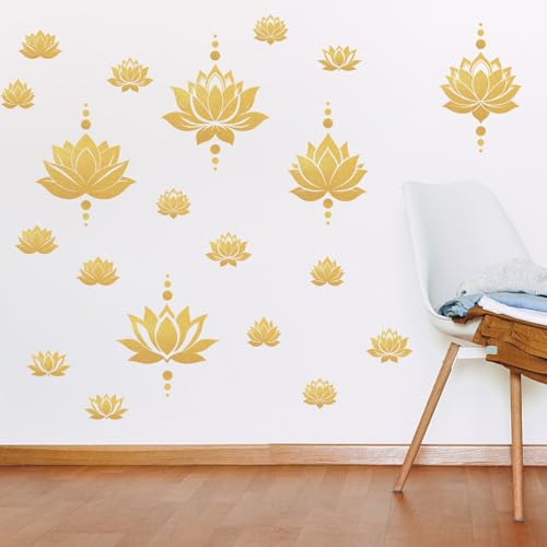 PLIGREAT 2 feuilles Fleur de lotus Stickers muraux DIY Gold Dot Autocollants en vinyle amovibles pour centre de yoga Chambre à coucher Salon Chambre Zen Méditation Maison Fond Mural Art Décor