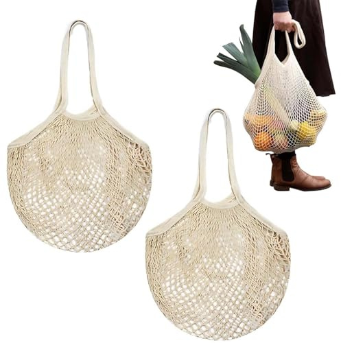 FeiOne 2 Stück 100% Baumwoll Einkaufsnetz, Sandspielzeug Tasche, Netztasche Sandspielzeug Wiederverwendbar, Sandspielzeug Tasche Netz, Netzbeutel für die Aufbewahrung von Obst und Gemüse