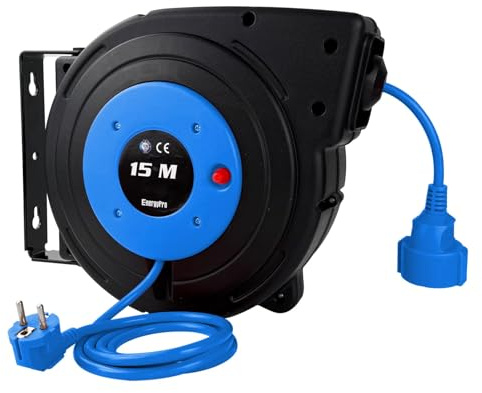 EnergyPro Automatische Kabeltrommel 15m, 2300W, wandmontierbar mit TÜV-Prüfung & Montage-Set – Kabeltrommel Outdoor für Garten, Werkstatt und Garage
