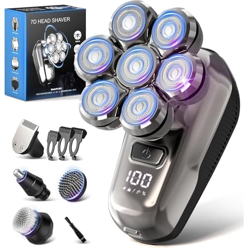 Rasoio Testa Calva Uomo, 7D Rasoio Elettrico Barba, Fluttuante Cordless con Rasoio Testa Magnetiche, Kit Tagliacapelli Uomo Testa Calva IPX7 Impermeabile, per Capelli Barba Naso e Viso Pulito