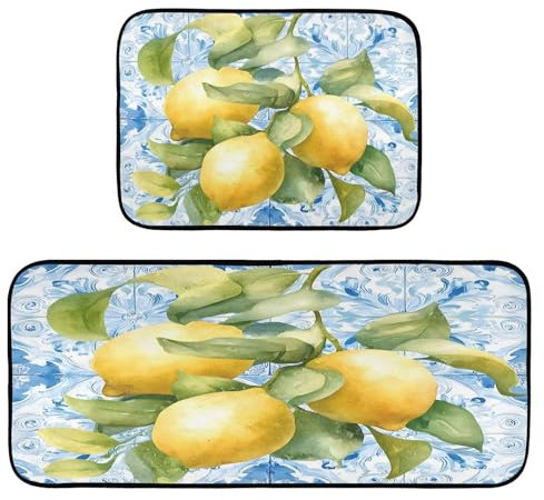 Küchenteppiche, 2-teilig, rutschfest, waschbar, Zitronengelb, italienische Fliese, Blau, eine Anti-Ermüdungsmatte für Küche, Flur, Läufer Set