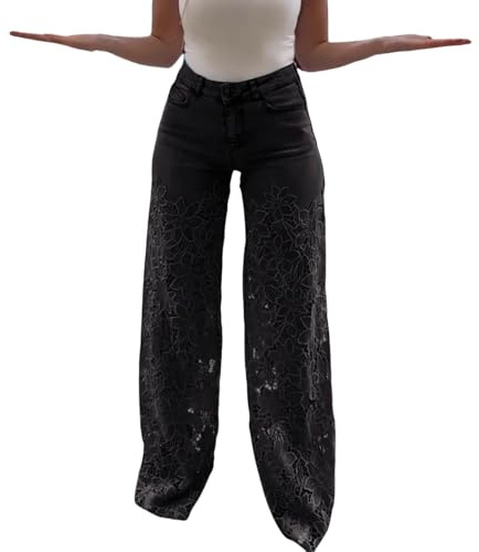 Jeans för kvinnor med vida ben, jeans med spets lapptäcke löst sittande Y2K, hög midja palazzo-byxor, sexiga byxor, eleganta höftbyxor, byxor, M