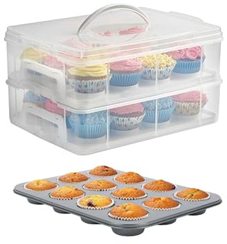 Wolfcut Muffin Backset mit Muffinform für 12 Muffins + Transportbox für 24 Cupcakes – Antihaft Backform aus Metall – Aufbewahrungsbox mit Griff – BPA-frei – ideal für Muffins, Cupcakes