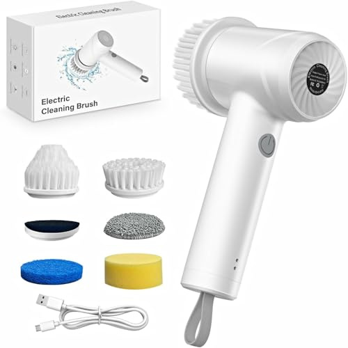IKERY Electric Spin Scrubber, Cordless Cleaning Brush with 6 Replaceable Heads, 2000mAh, 2-Speed 300/360RPM, IPX7 Waterproof, Handheld Scrubber for Bathroom, Kitchen, Tile, Shower, Sink Cleaning