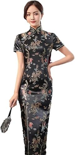Kvinnors Kinesisk Klänning - Sommar Elegant Brokad Satin Lång Gaffel Cheongsam Kinesisk Klassisk Dam Qipao Kortärmad Sexig Bröllop Kväll Fest Klänning, Black, 3XL