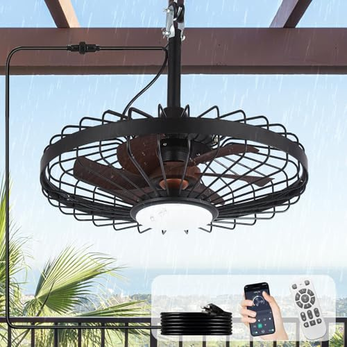 Depuley Ventilatore da soffitto esterno con luce: ventilatori impermeabili da 20 con luci sospese, ventilatori a gabbia telecomandati per cortili e pergolati, 6 velocità nero e noce