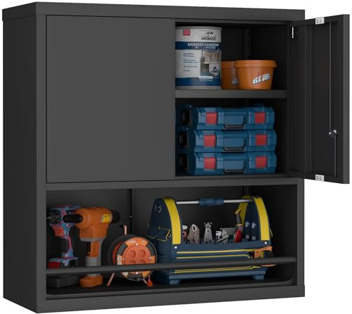 Locking Metal Wall Mounted Garage Storage Cabinet with Doors and Shelves | Small Lockable Hanging Floating Tool Cabinet for Shop, Black