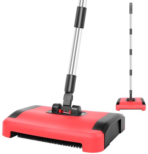 Manual Floor & Carpet Sweeper with 3 Rolling Brushes and Wheels - Detachable Wide Cleaner for Dust, Pet Hair, Lint, and Small Debris
