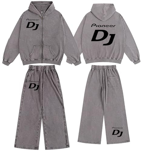 Tuta Uomo Con Felpa Zippata Lavaggio Vintage – Per Pioneer DJ Felpa Con Cappuccio Oversize Streetwear Con Pantaloni Coordinati Per Pro DJ, Abbigliamento Comodo Casual,Grey-s