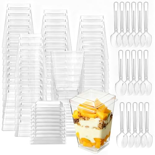 Eidoct 50-Pack 150ml Square Dessert Cups with Lids & Spoons - Reusable Clear Mini Parfait Cups for Cheesecake, Pudding, Mousse & Trifles | Multi-Use Party Serving Bowls