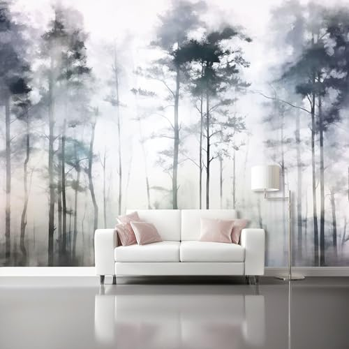 Carta da parati Astratto Nuvole Acquerello Alberi Carta da parati moderna stampata in tessuto non tessuto Decorazione murale 300 x 210 cm Per camera da letto Soggiorno Mobili Camera Bianco Grigio