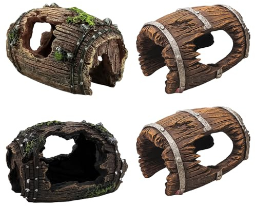 DqiUnaX Aquarium Deko, 4 Stück Zubehör Mit Höhle, Terrarium Deko Für Fische, Aquarium Versteck, Großes Dekorationsset Mit Kleinem Eimer Und Fass