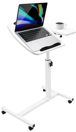 TTISJHK Tavolo per computer portatile regolabile con ruote, inclinabile a 360° e regolabile in altezza (60-95 cm), a forma di C, bianco, MDF e acciaio, con sistema frenante, pieghevole, tavolino