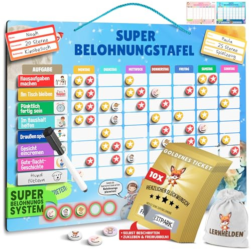 Lernhelden Belohnungstafel Kinder [100 Aufgaben] | + Bonus Tickets zum Beschriften, Magnete, Stift, Tasche | Montessori Magnettafel Aufgabentafel Wochenplaner ADHS Hilfsmittel ab 3 4 5 6 7 8 Jahre