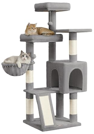 Feandrea Árbol para Gatos, Rascador de Gatos, Torre con Postes y Rampa Rascador, 3 Grandes Plataformas, 1 Cueva, 1 Hamaca, 2 Pompones, Altura 136 cm, Gris Paloma PCT012GD01