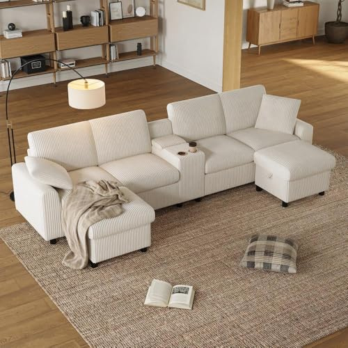 Bladez U-förmiges Cord Ecksofa mit Schlaffunktion & Bettkasten, USB und Type-C Anschlüssen,Modernes Modulare Sofas mit Chaiselongue，Wohnlandschaft Sofa Bed, für Wohnzimmer（Beige + 4 Sitzer）