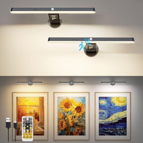 Bilderleuchte Kabellos LED Bildbeleuchtung Akku mit Bewegungsmelder, 31cm 6000mAh 3 Beleuchtungsmodi Wandleuchte,Dart Beleuchtung 3Farb Dimmbar mit Fernbedienung&Timer, für Malen,Foto,Portrait-2 Stück