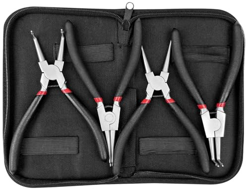 Comzantor Lot de 4 pince circlips exterieur, pince a circlips interieur avec sac de rangement, pince a clips droites avec Poignées Antidérapantes, pince à circlips courbées pour retirer les bagues