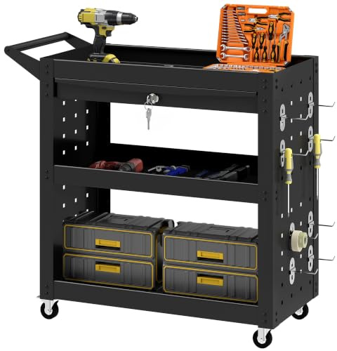 HOMCOM Carro 3 estantes con Panel Perforado, cajón, Ruedas Freno, Negro | Carro de almacenaje con ruedas, para garaje, taller, almacén