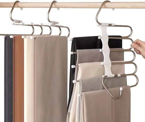 Grucce Pantaloni Salvaspazio 5 in 1 in Acciaio Inossidabile – Appendiabiti Antiscivolo per Armadio, Porta Pantaloni Pieghevole, Appendini Jeans e Vestiti, Organizer Armadio ad Alta Capienza (Bianco)
