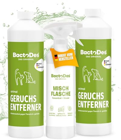 BactoDes Animal Geruchsneutralisierer 2L I Enzymreiniger mit biologischer Mikrobenkraft & Tiefenwirkung inkl. Spray-Mischflasche I Effektiver Geruchsentferner gegen Tierurin & starke Gerüche