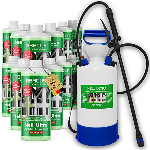 ABACUS® Nell Ultra Grünbelagentferner & Algenentferner Konzentrat, extrem stark! Entfernt Grünbelag & Algen selbsttätig ohne zu Schrubben – Grünbelagentferner 12x1000ml mit Drucksprüher – Set XXL